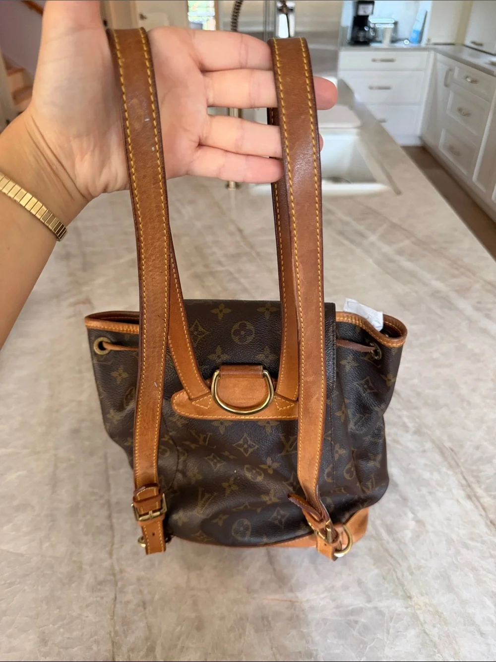 Louis Vuitton Brown Monogram Canvas Backpack with Tan Leather Trim